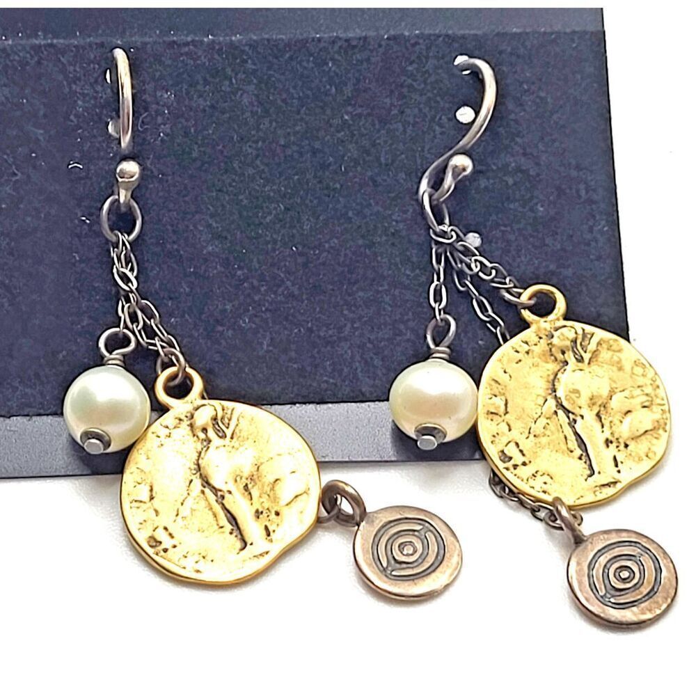 Artisan Steel Pearl Coin and Charm Stainless Steel Dangle Drop Earring 2.5in